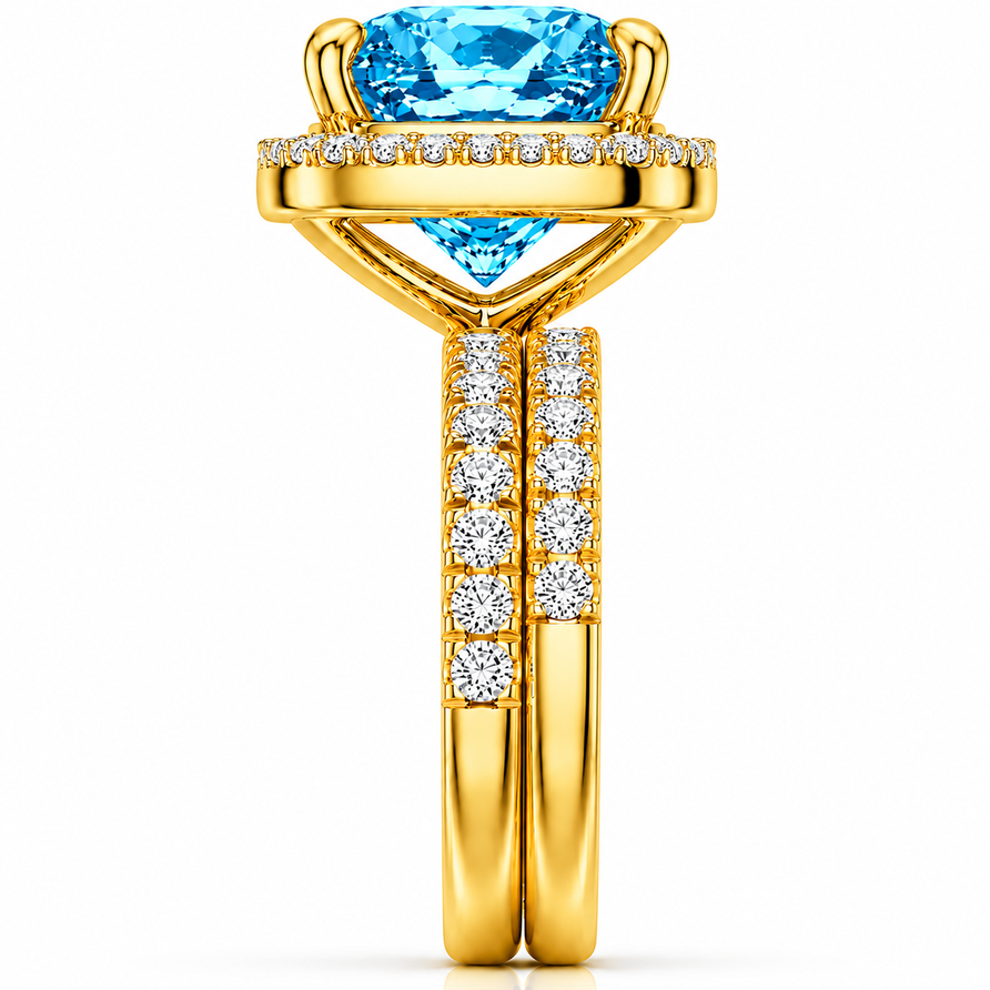 Cushion Cut Swiss Blue Topaz & Moissanite Halo Engagement Ring Set