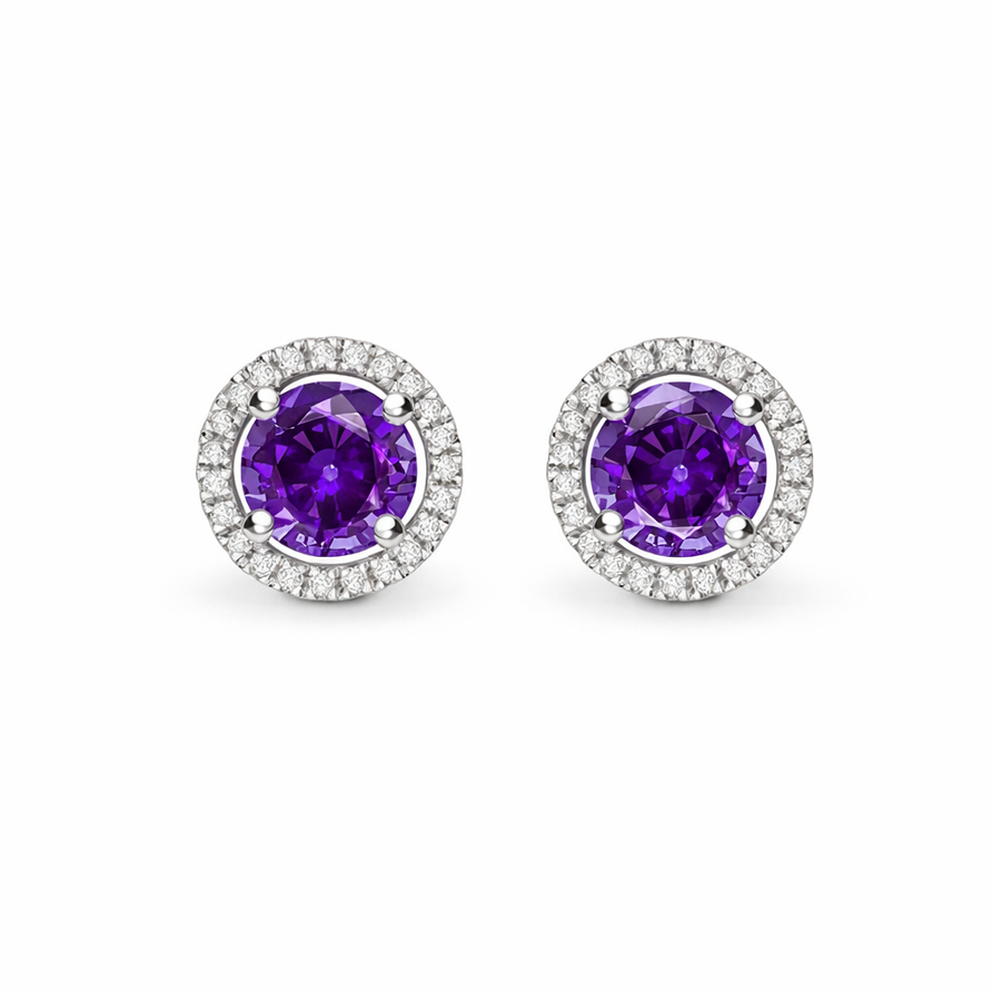 925 Sterling Silver Round Cut Purple Amethyst Halo Stud Earrings for Women