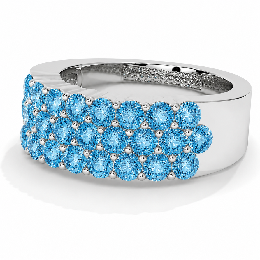 Round Cut Swiss Blue Topaz 3 Row Cluster Statement Ring in 925 Sterling Silver
