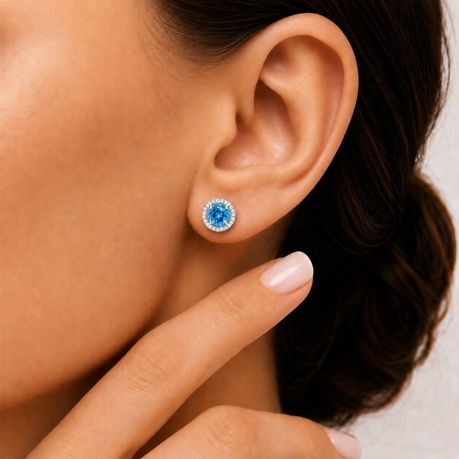 925 Sterling Silver Round Cut Swiss Blue Topaz Halo Stud Earrings for Women