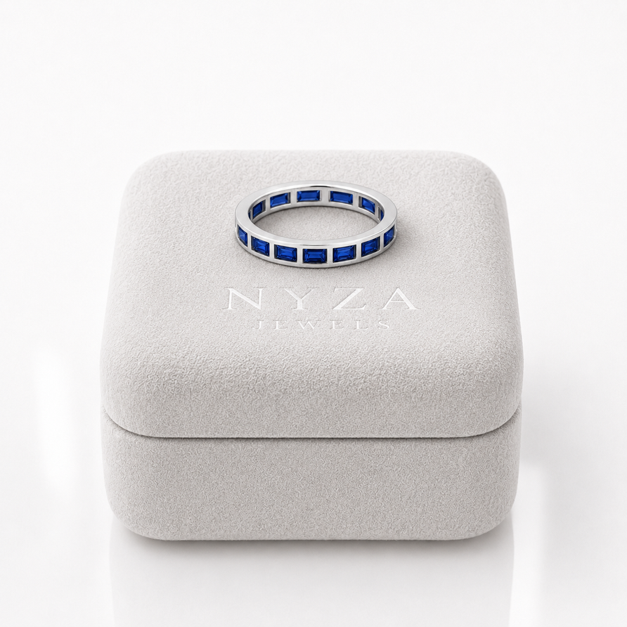 Bezel-Set Blue Sapphire Baguette Eternity Promise Band Ring