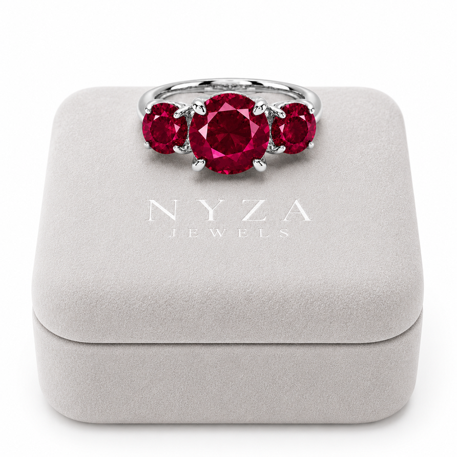 925 Sterling Silver 3CT Round Ruby 3 Stone Ring