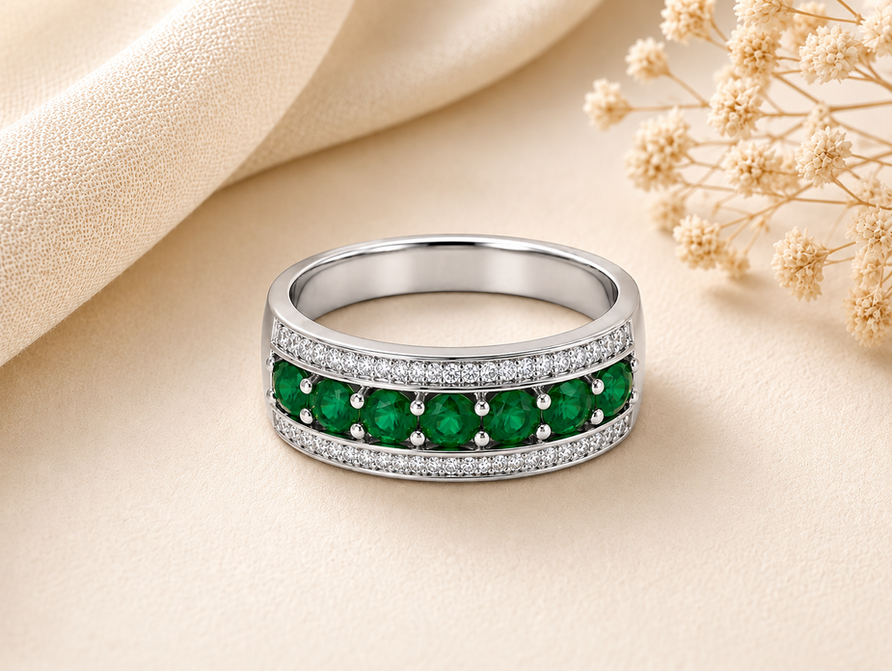 925 Sterling Silver 2 CT Emerald Eternity Wedding Band Ring