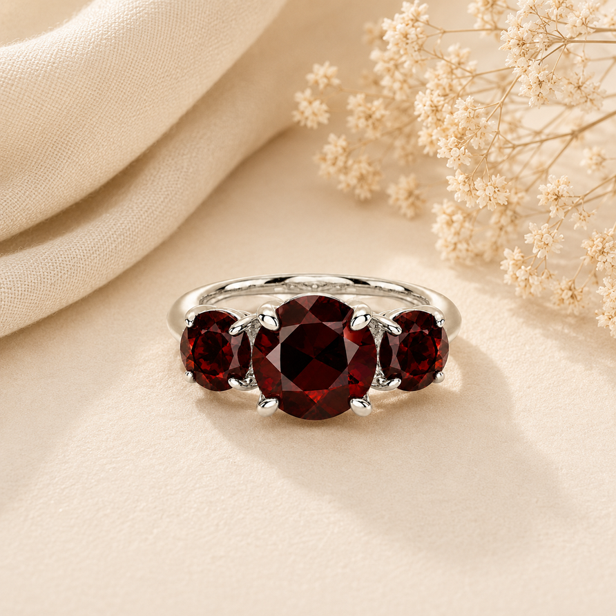 925 Sterling Silver 3CT Round garnet 3 Stone Ring