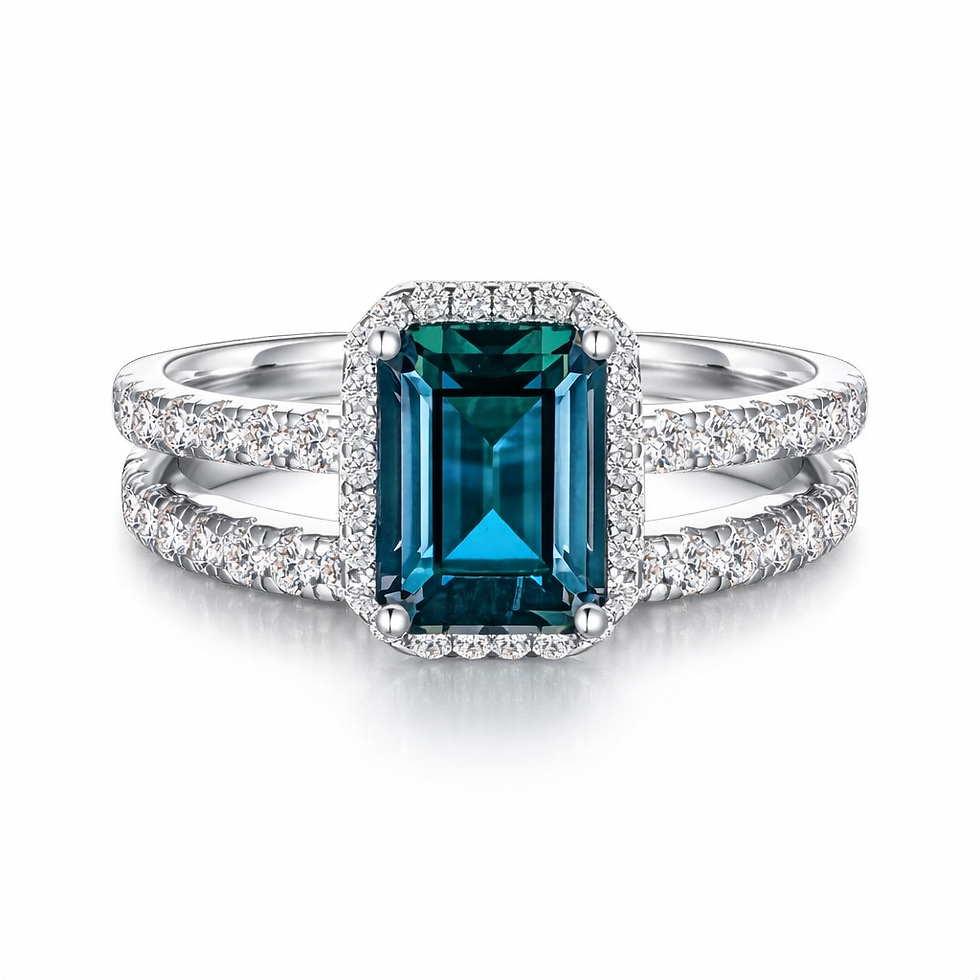 925 Sterling Silver Emerald Cut London Blue Topaz Halo Double Band Ring