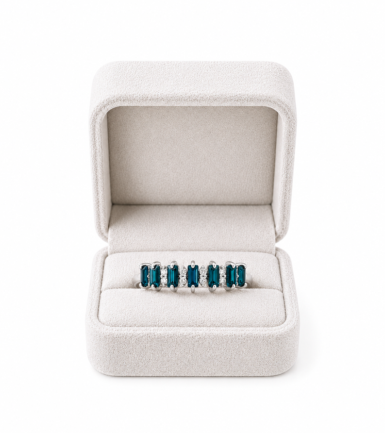 Baguette London Blue Topaz & Moissanite Eternity Ring in 925 Sterling Silver