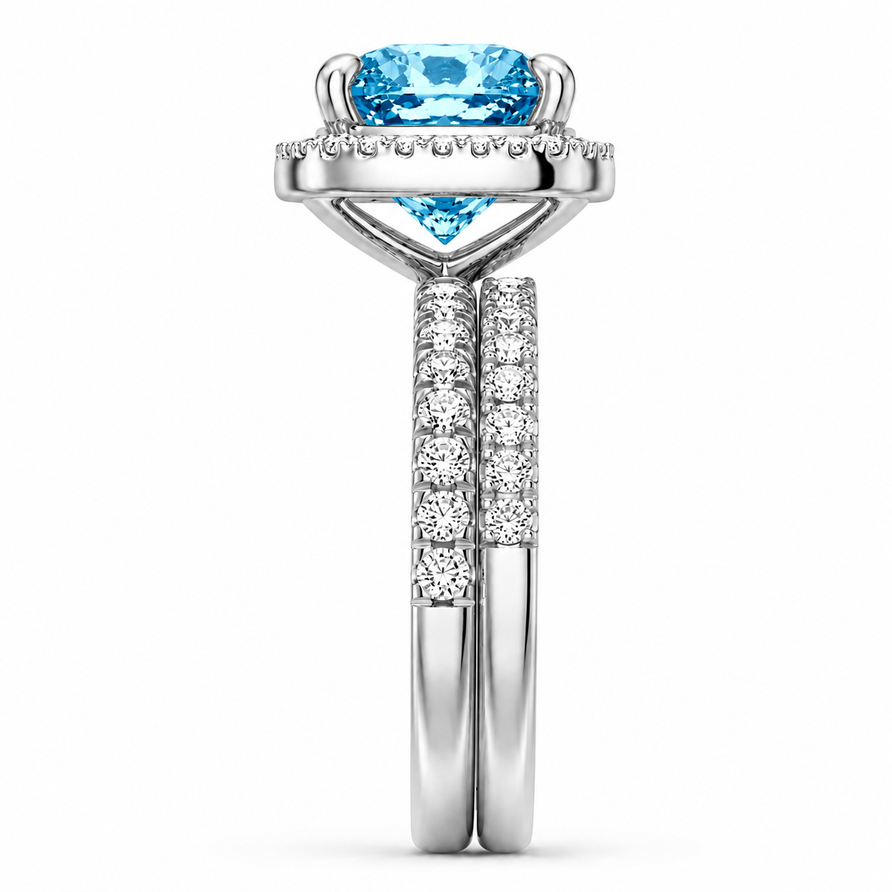 Cushion Cut Swiss Blue Topaz & Moissanite Halo Engagement Ring Set
