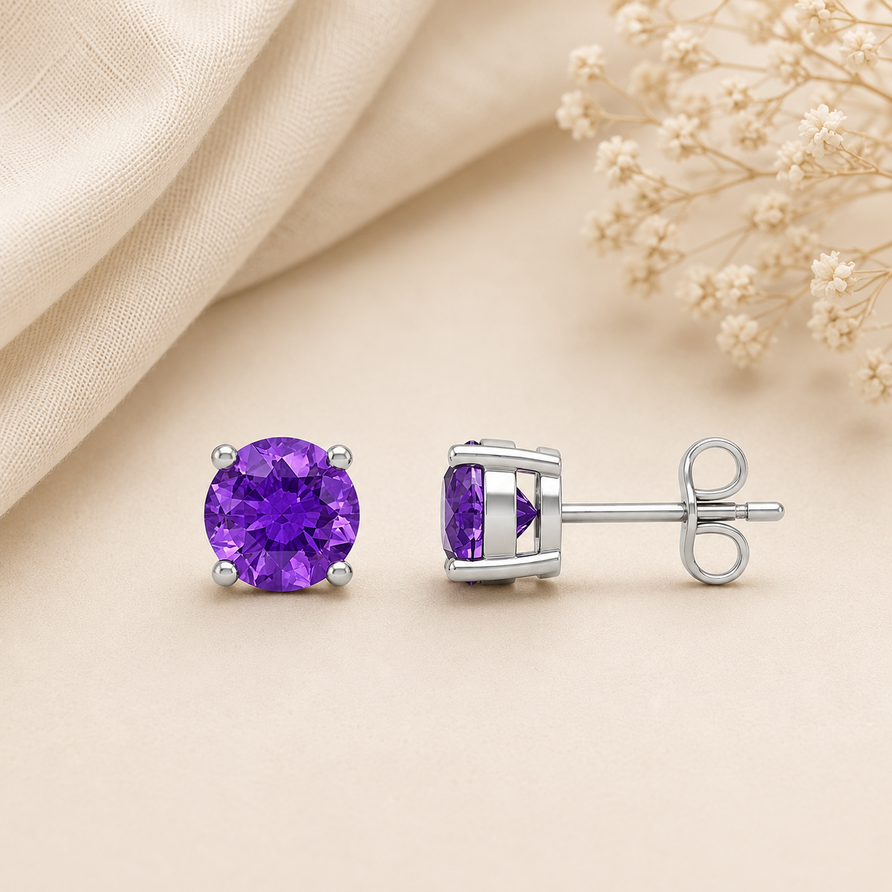 925 Sterling Silver Round Amethyst Stud Earrings