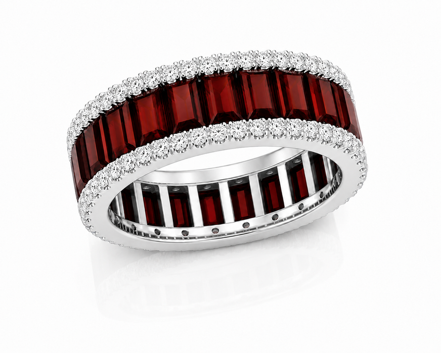 Natural Garnet Emerald Cut Wedding Band Ring with Moissanite Accents