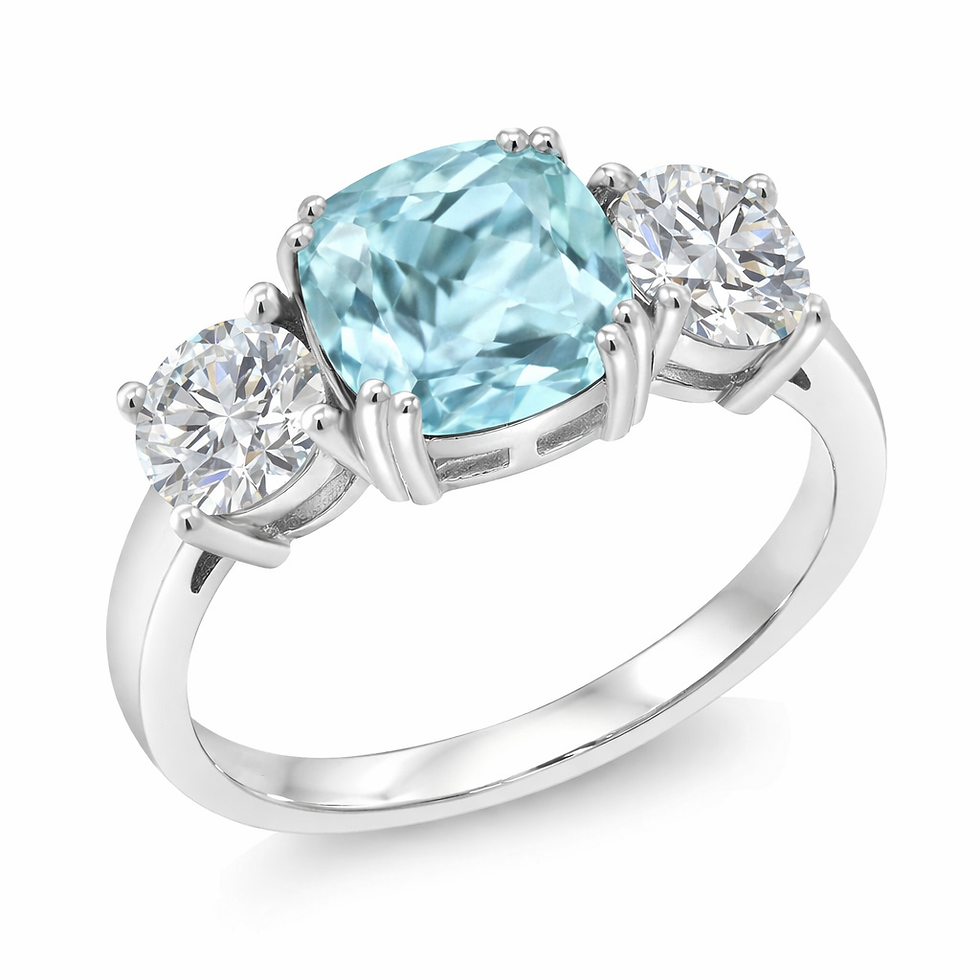 Cushion Cut Aquamarine & Moissanite Three Stone Ring