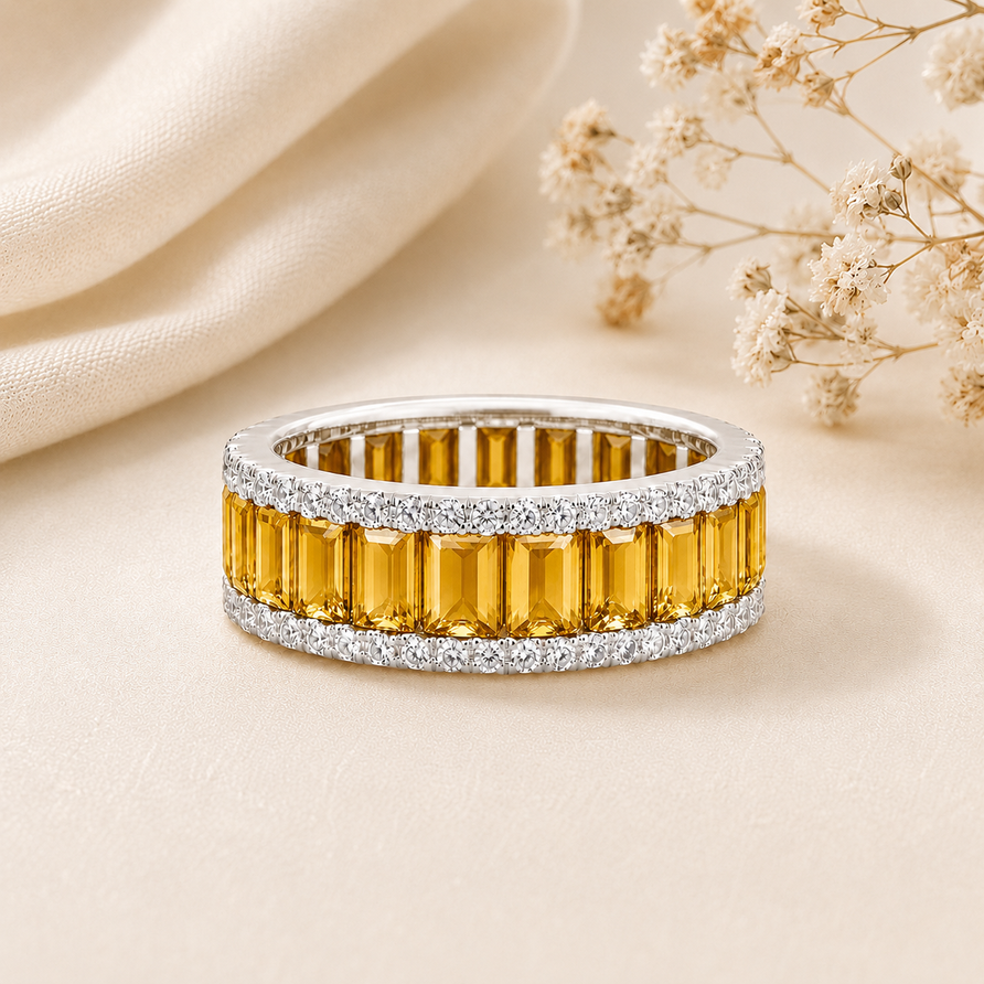 Natural Citrine Emerald Cut Wedding Band Ring with Moissanite Accents