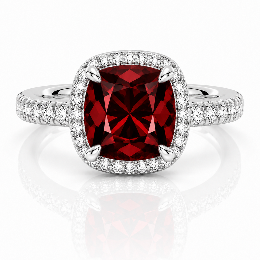Cushion Cut Garnet & Moissanite Halo Engagement Ring Set