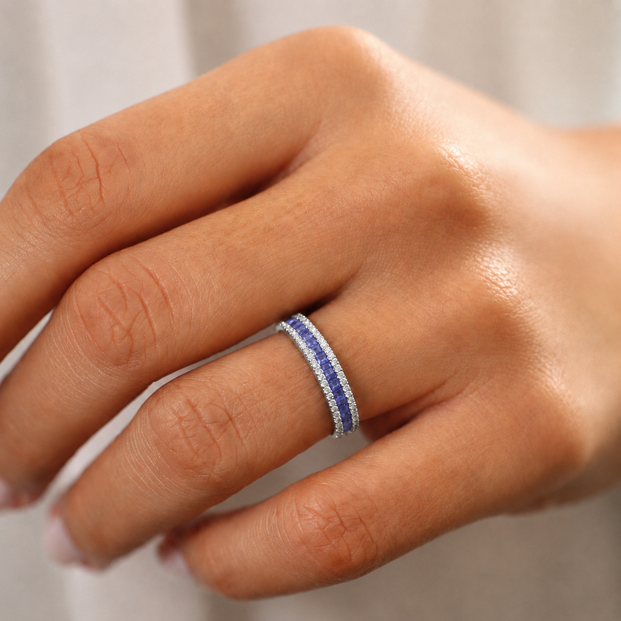925 Sterling Silver Princess Cut Tanzanite Channel Set Eternity Band Ring