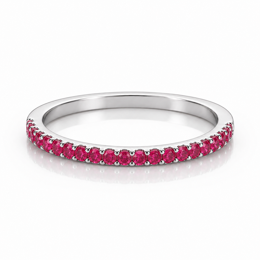 925 Sterling Silver Ruby 1.5mm Round Half Eternity Stackable Band Ring