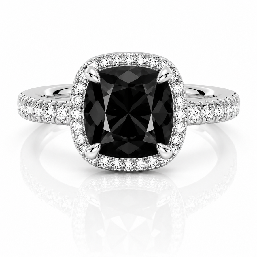 Cushion Cut Black Spinel & Moissanite Halo Engagement Ring Set