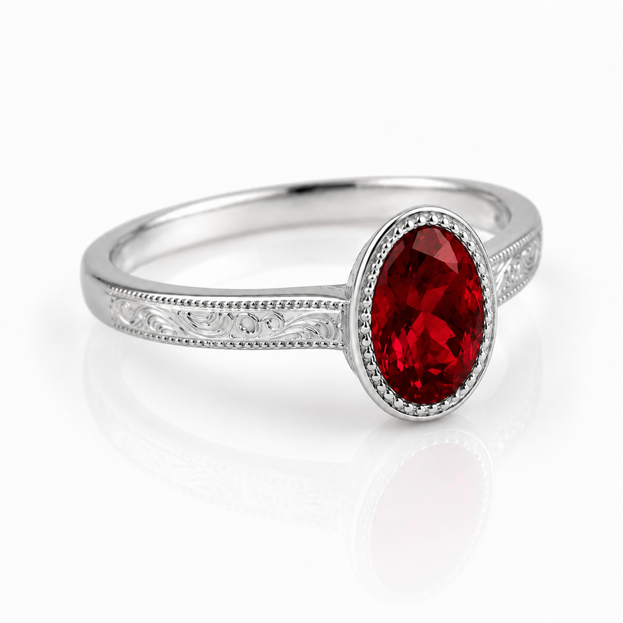 2 CT Bezel Set Oval Ruby Vintage Engagement Ring in 925 Sterling Silver