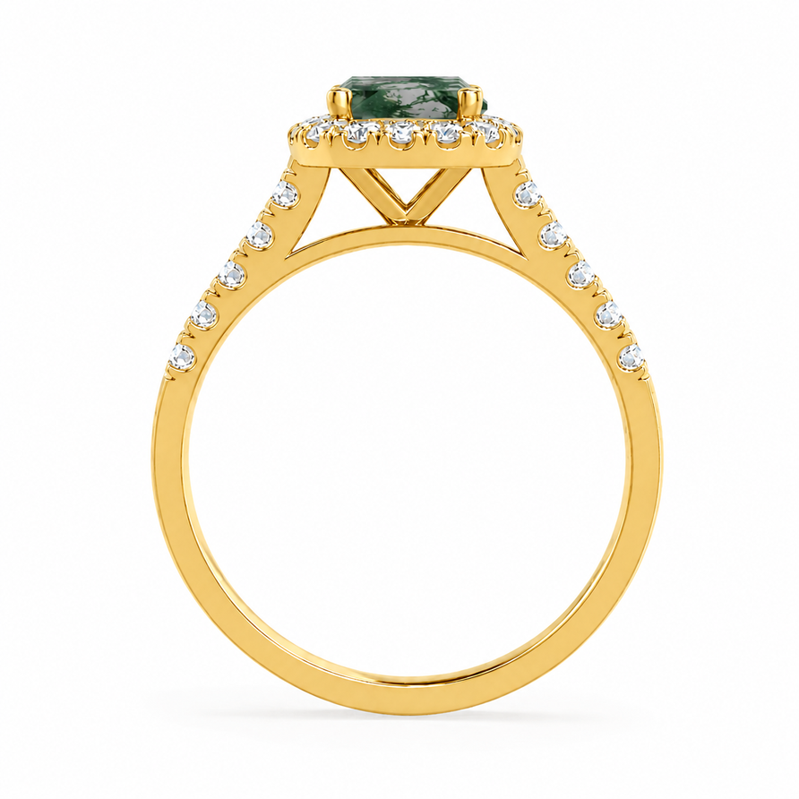 2 CT Emerald Cut Moss Agate & Moissanite Halo Engagement Ring
