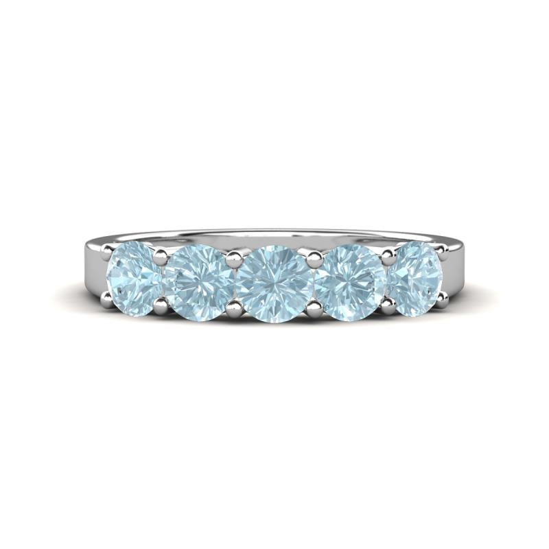 925 Sterling Silver 1.25CT Round 4MM Aquamarine 5 Stone Band Ring