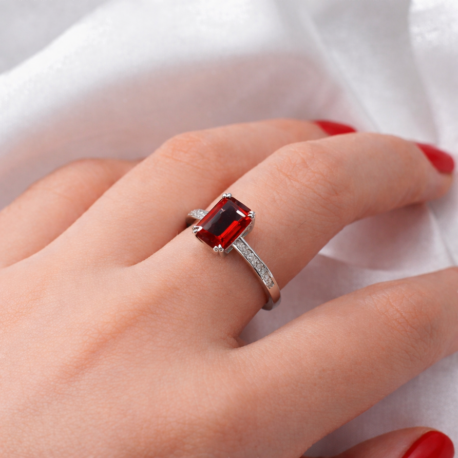 Emerald Cut Garnet Engagement Ring in 925 Sterling Silver