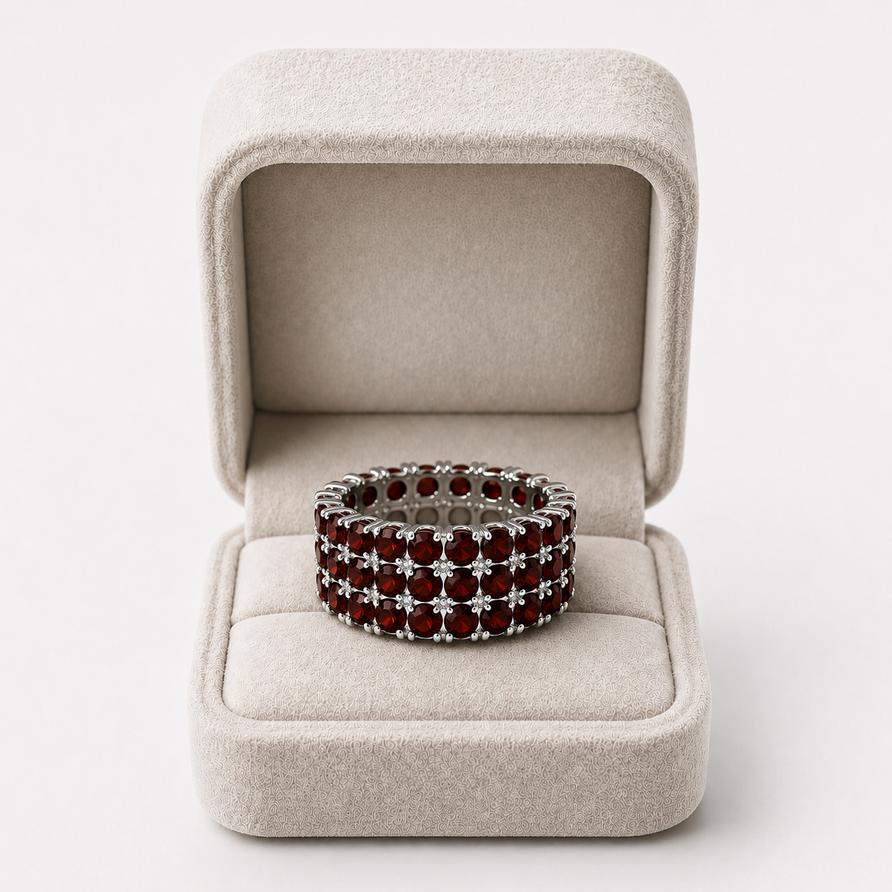 925 Sterling Silver Natural Garnet 3-Row Eternity Band Ring