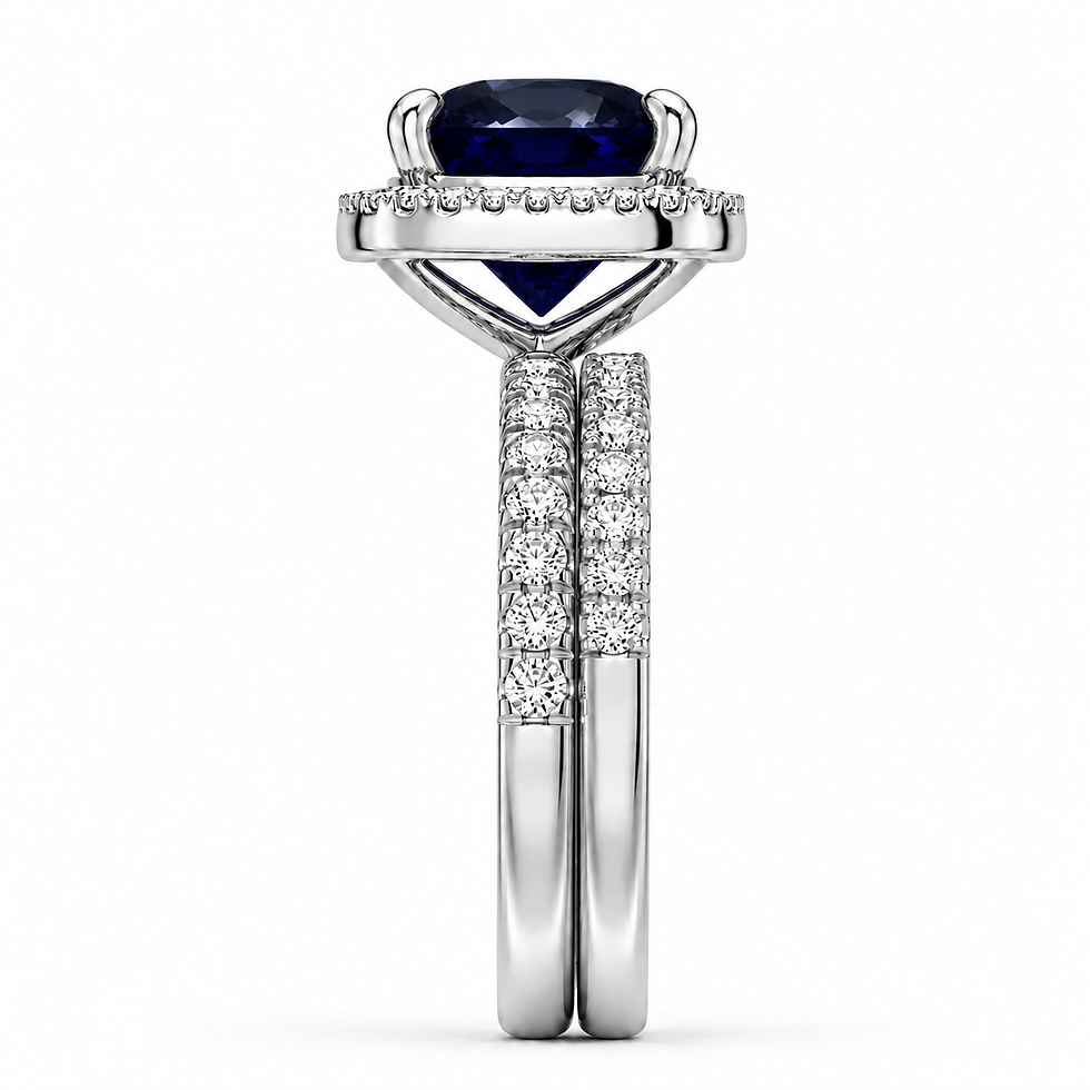 Cushion Cut Blue Sapphire & Moissanite Halo Engagement Ring Set