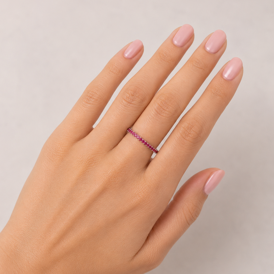 925 Sterling Silver Ruby 1.5mm Round Half Eternity Stackable Band Ring