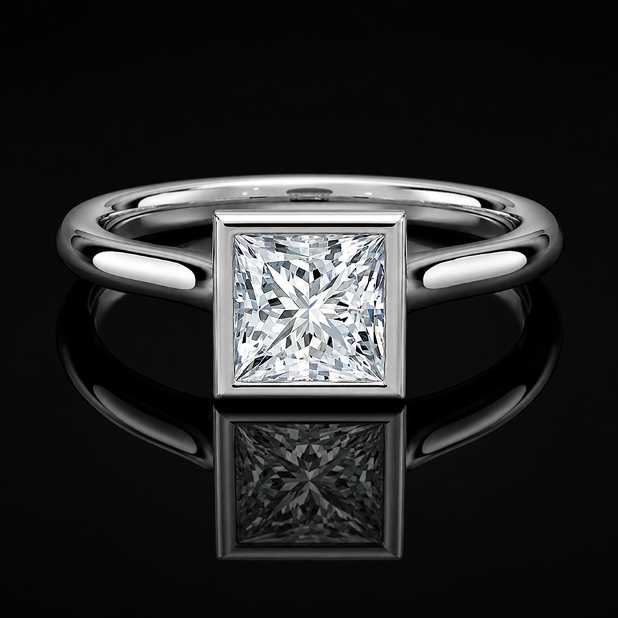 GRA Certified 1 CT Princess Cut Moissanite Bezel Set Solitaire Engagement Ring