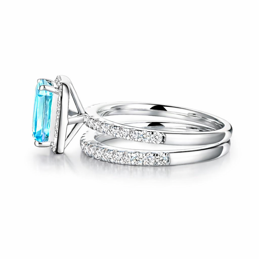 925 Sterling Silver Emerald Cut Aquamarine Halo Double Band Ring