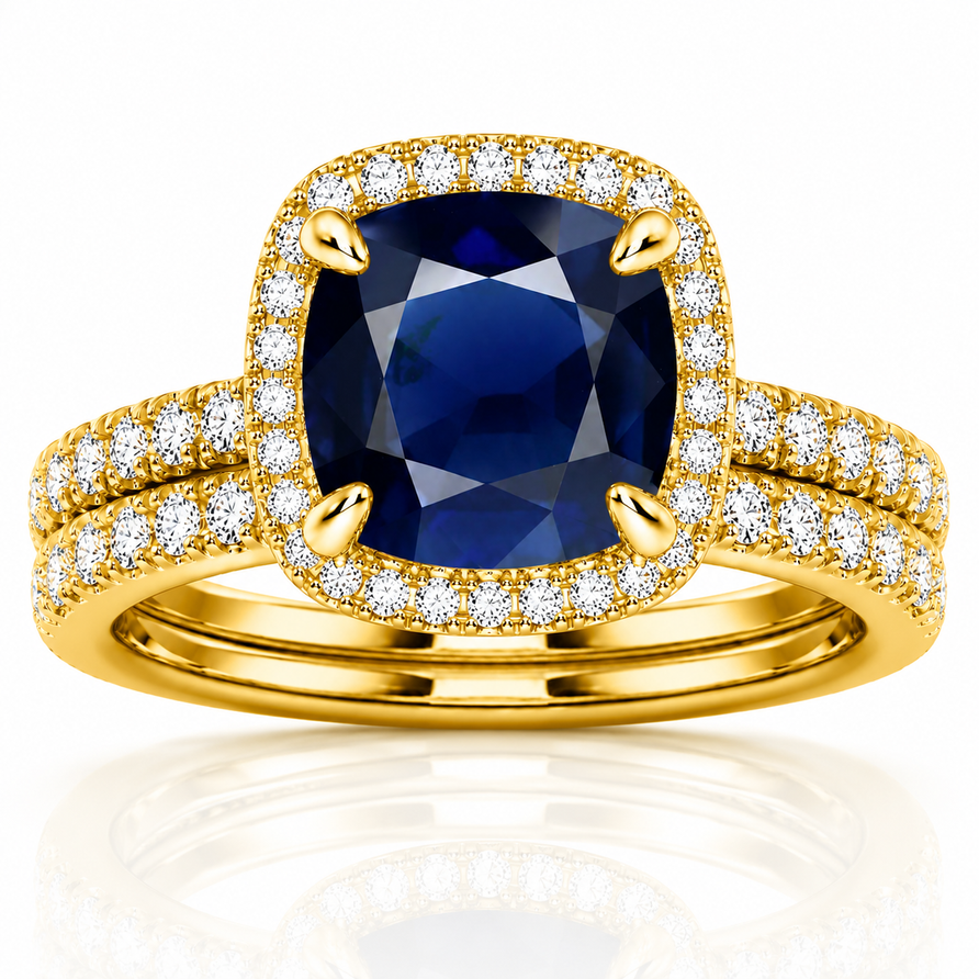 Cushion Cut Blue Sapphire & Moissanite Halo Engagement Ring Set