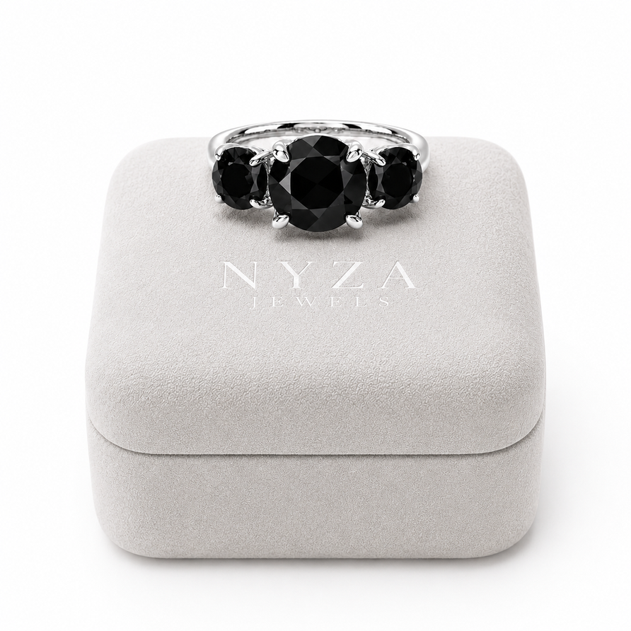 925 Sterling Silver 3CT Round black spinel 3 Stone Ring