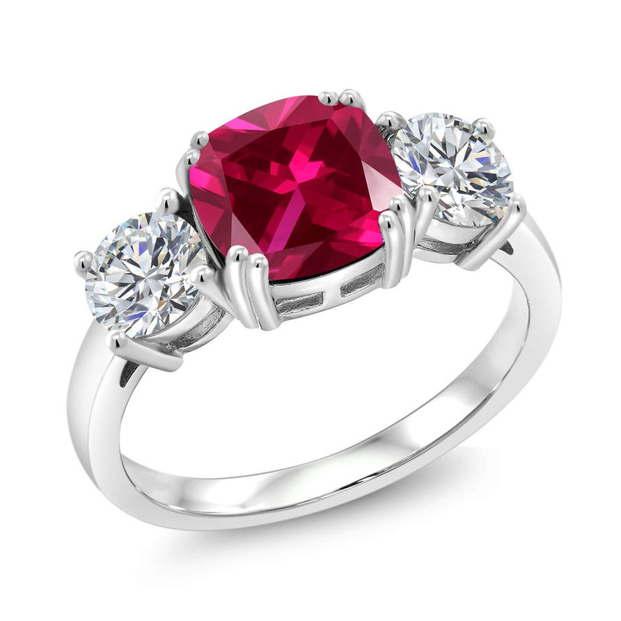 Cushion Cut Lab Created Ruby & Moissanite Three Stone Ring