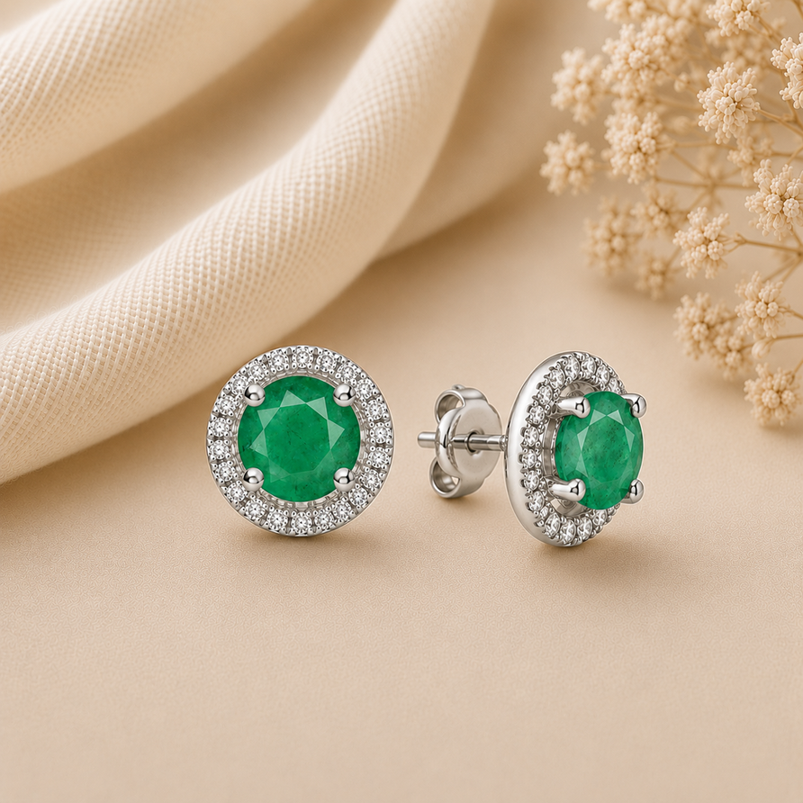 925 Sterling Silver Round Cut Emerald Halo Stud Earrings for Women