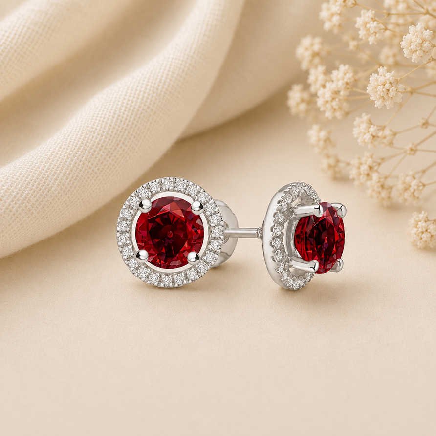 925 Sterling Silver Round Cut Garnet Halo Stud Earrings for Women