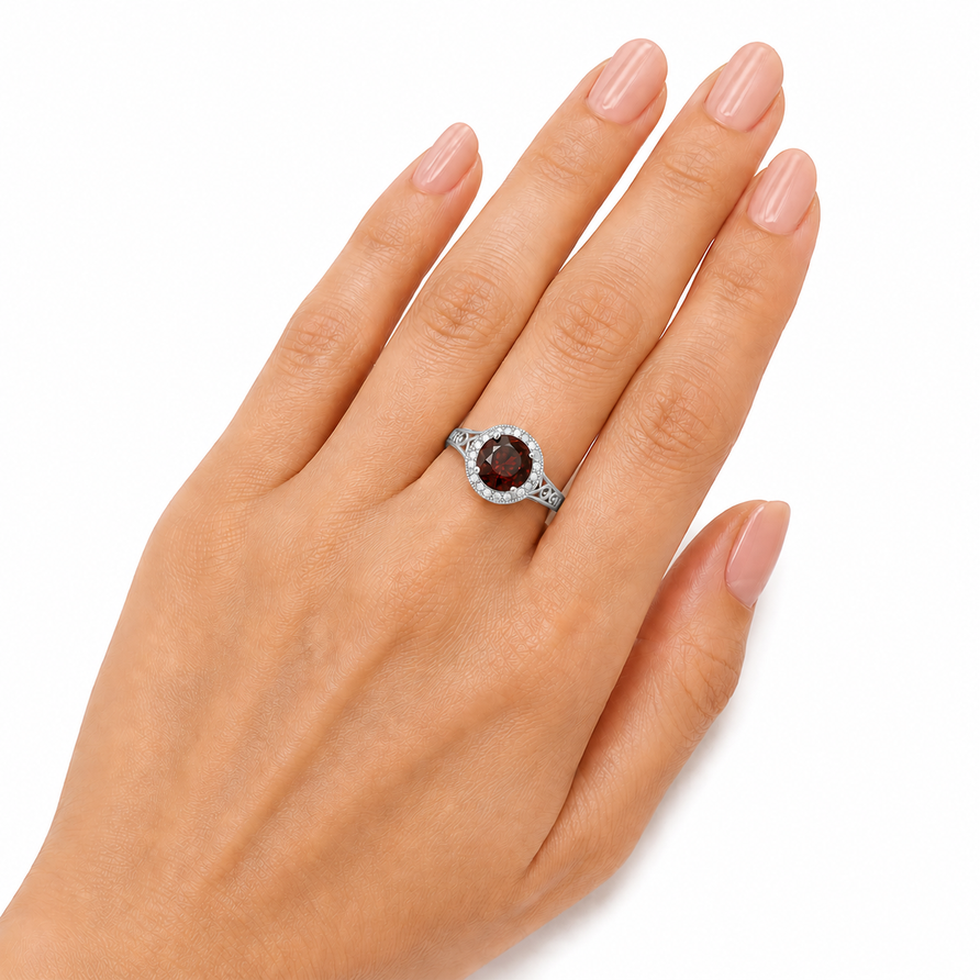 1.5 CT Round Cut Garnet Vintage Halo Engagement Ring in 925 Sterling Silver