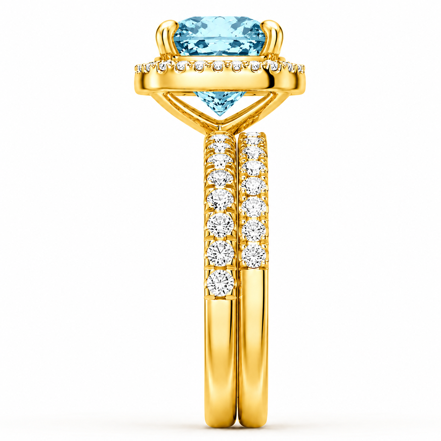 Cushion Cut Aquamarine & Moissanite Halo Engagement Ring Set