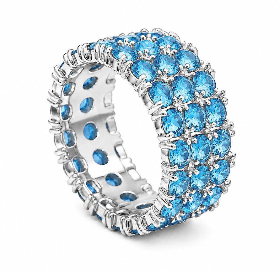 925 Sterling Silver Natural Swiss Blue Topaz 3-Row Eternity Band Ring