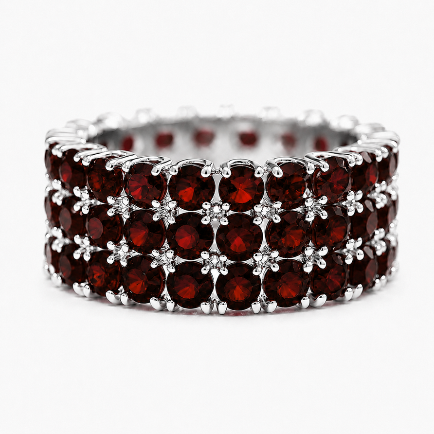 925 Sterling Silver Natural Garnet 3-Row Eternity Band Ring