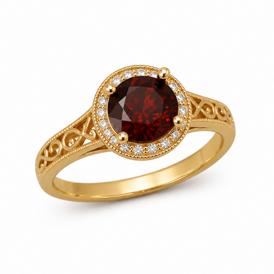 1.5 CT Round Cut Garnet Vintage Halo Engagement Ring in 925 Sterling Silver