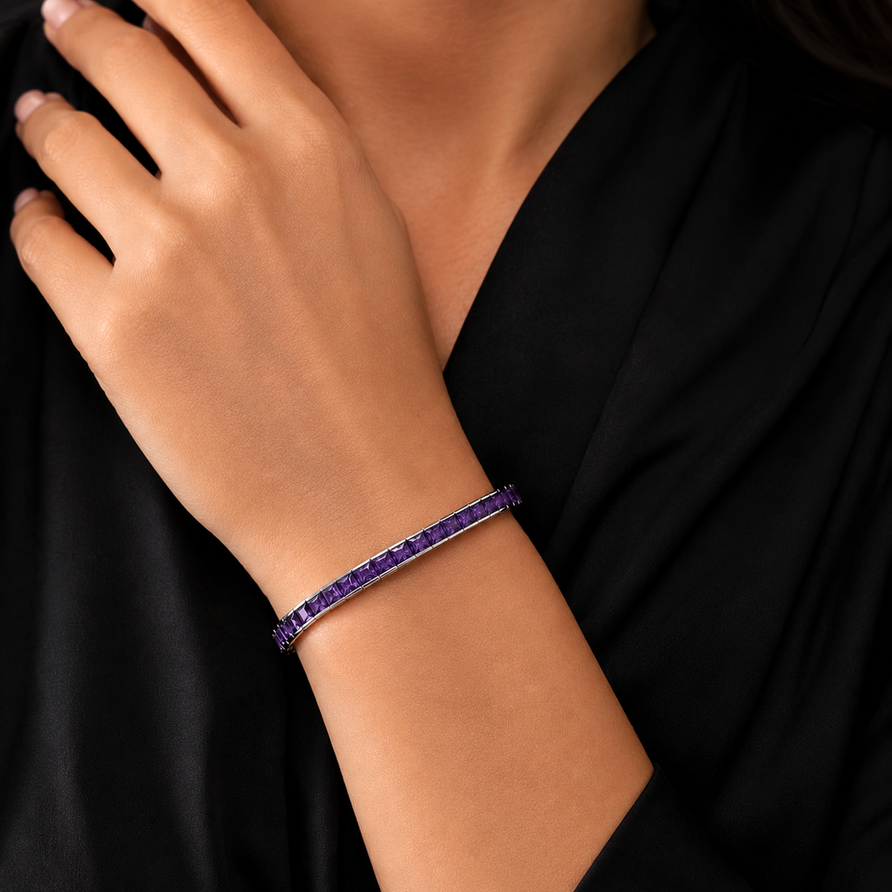925 Sterling Silver Princess Cut Amethyst Tennis Bracelet – 4mm Channel Set