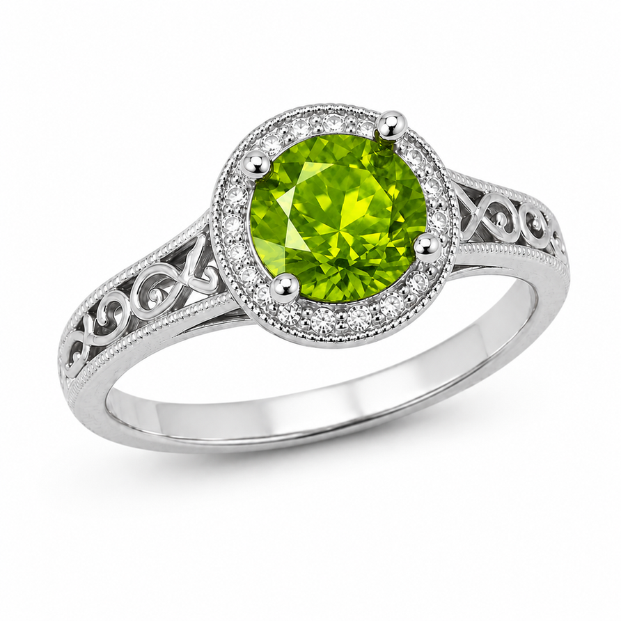 1.5 CT Round Cut Peridot Vintage Halo Engagement Ring in 925 Sterling Silver