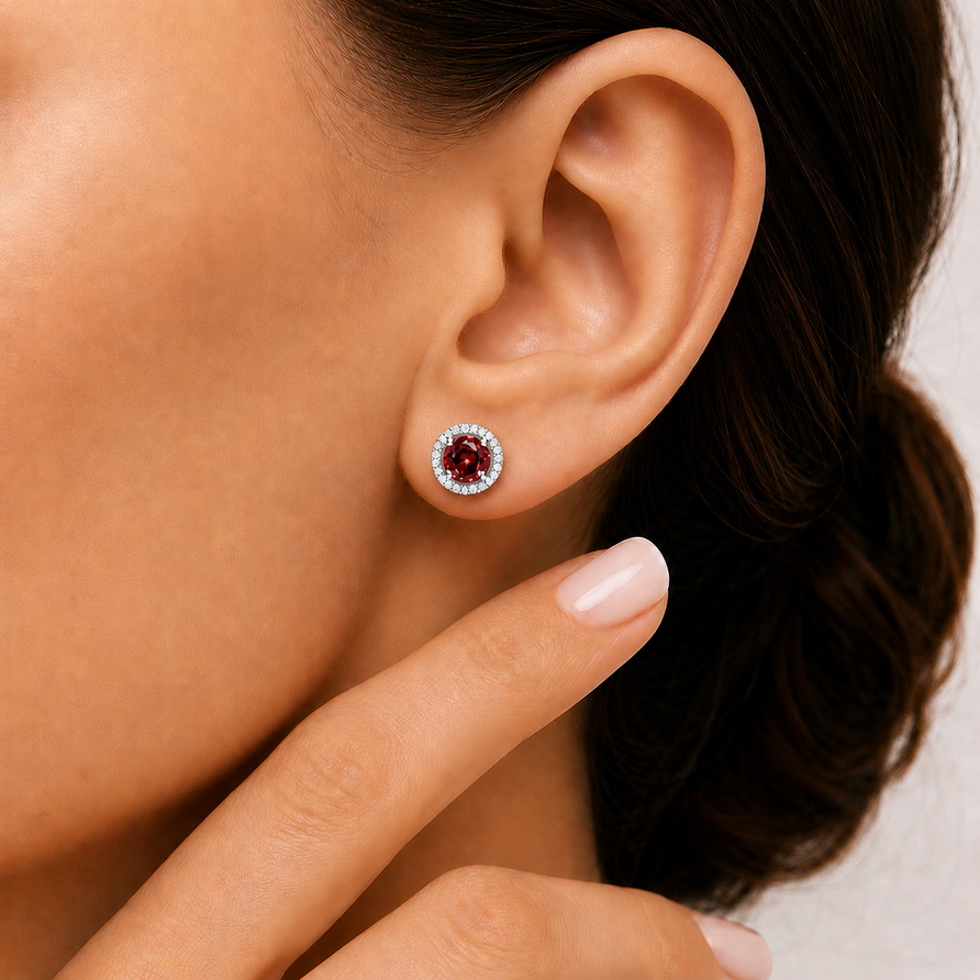 925 Sterling Silver Round Cut Garnet Halo Stud Earrings for Women
