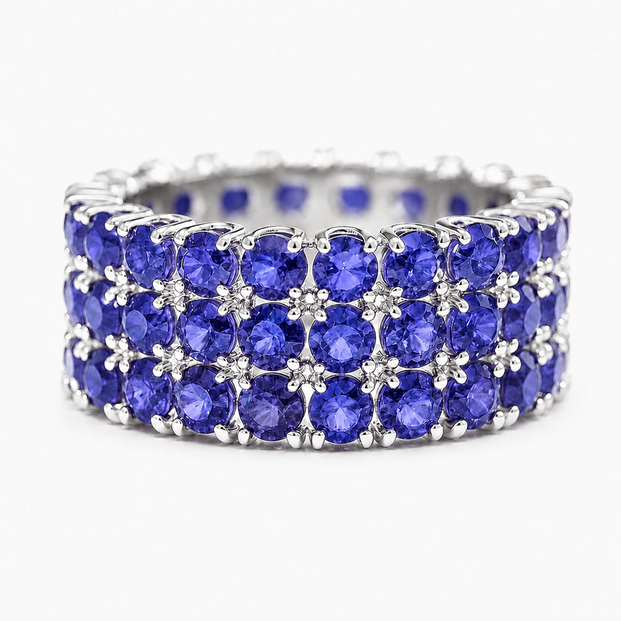 925 Sterling Silver Natural Tanzanite 3-Row Eternity Band Ring
