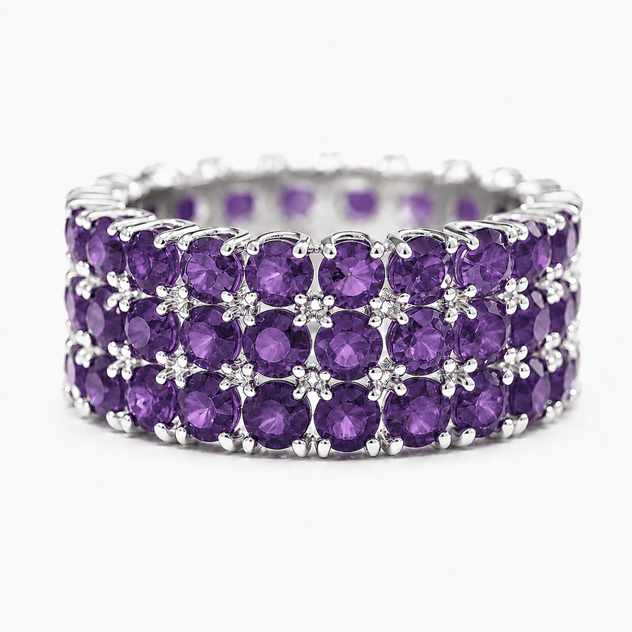 925 Sterling Silver Natural Round Amethyst 3-Row Eternity Band Ring