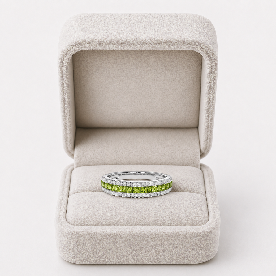 925 Sterling Silver Princess Cut Peridot Channel Set Eternity Band Ring