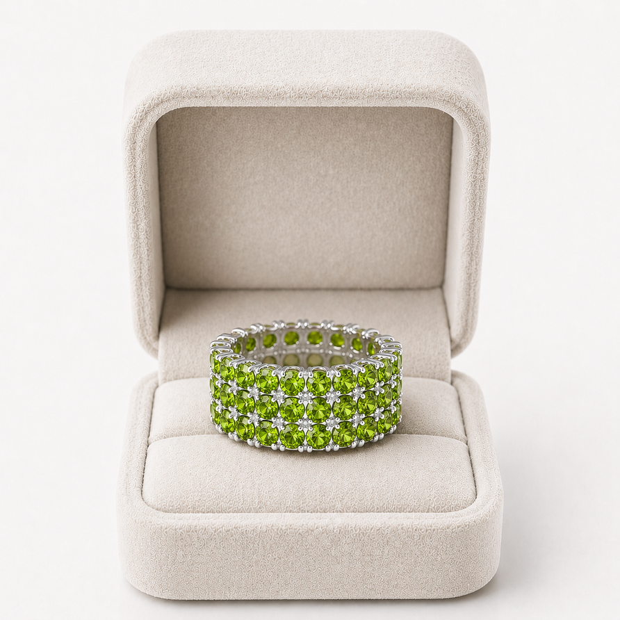 925 Sterling Silver Natural Peridot 3-Row Eternity Band Ring