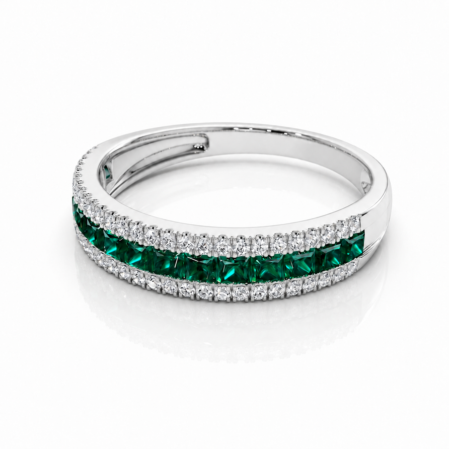 925 Sterling Silver Princess Cut Emerald Channel Set Eternity Band Ring