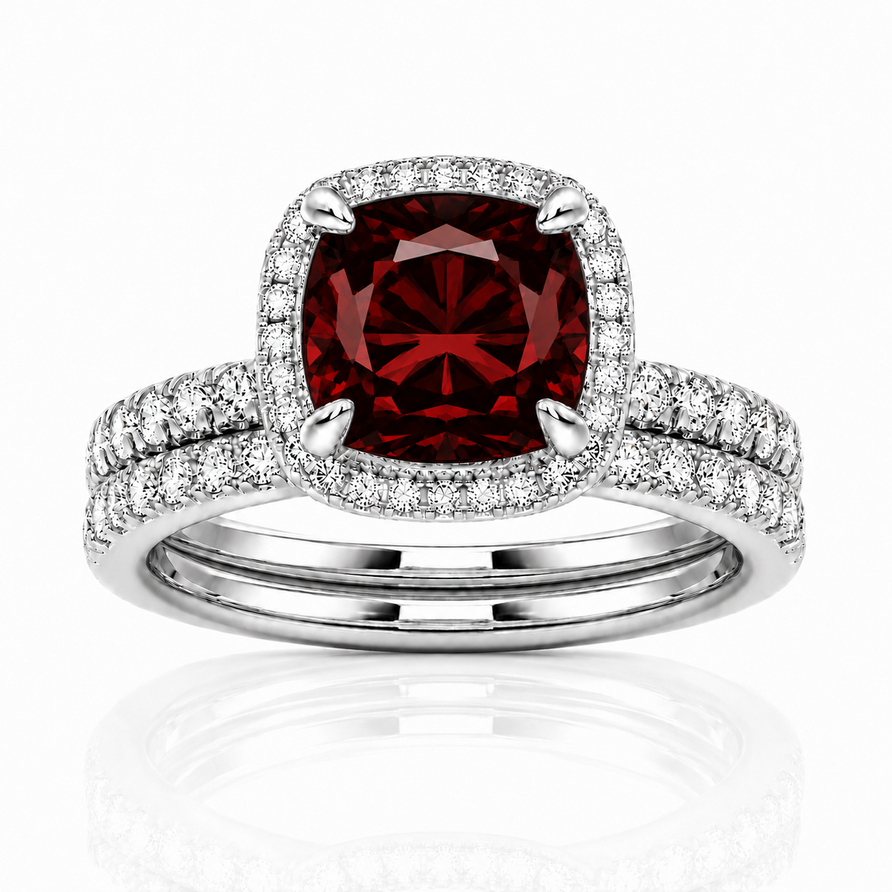 Cushion Cut Garnet & Moissanite Halo Engagement Ring Set
