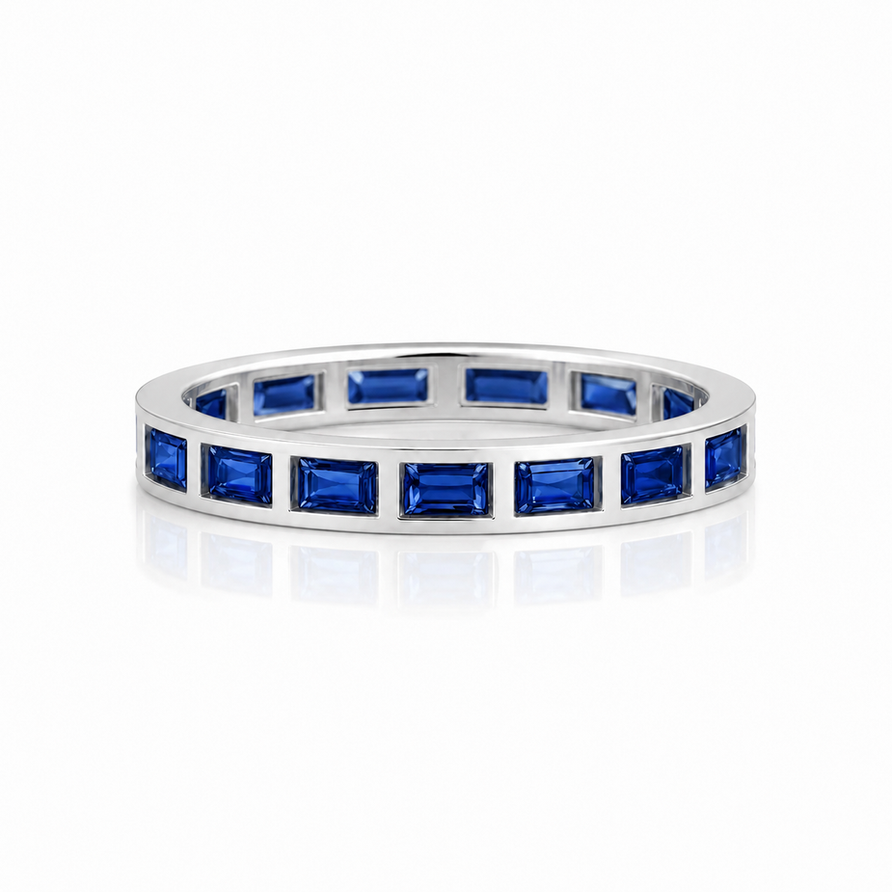 Bezel-Set Blue Sapphire Baguette Eternity Promise Band Ring