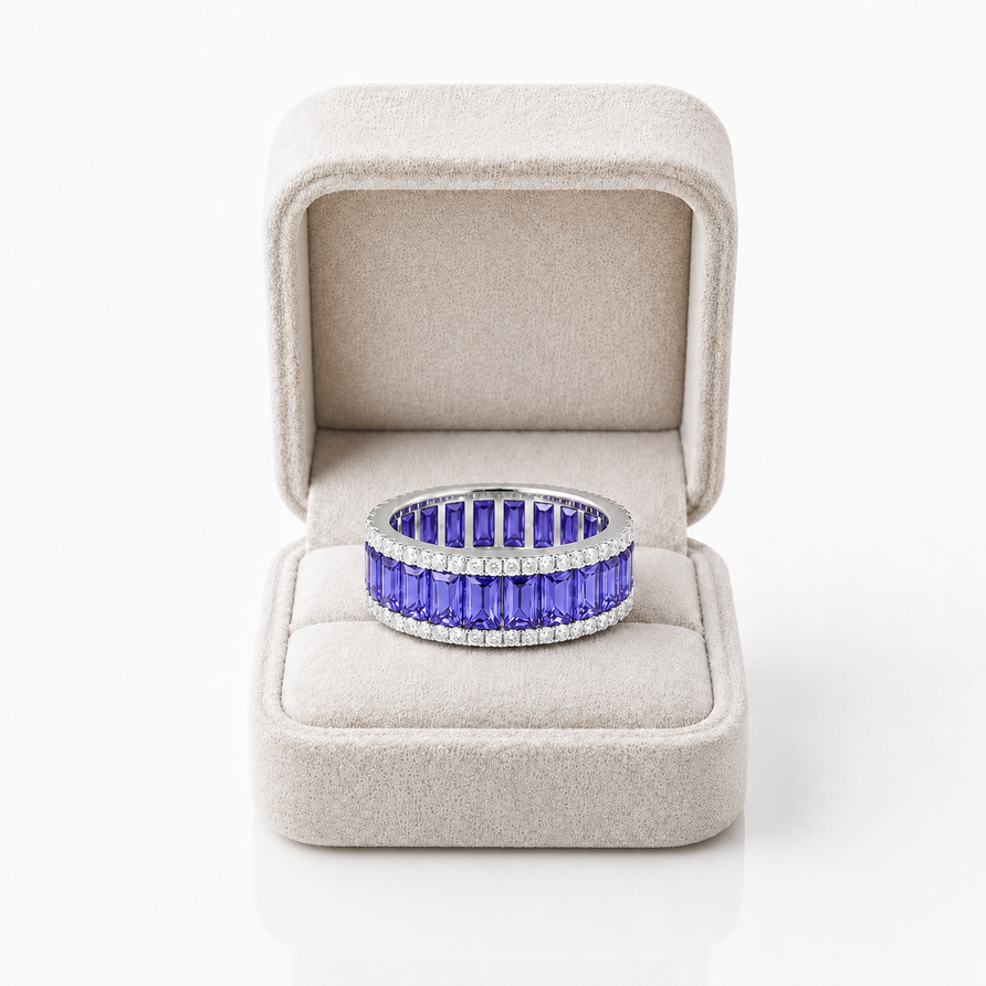Natural Tanzanite Emerald Cut Wedding Band Ring with Moissanite Accents