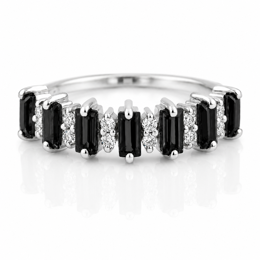 Baguette Black Spinel & Moissanite Eternity Ring in 925 Sterling Silver